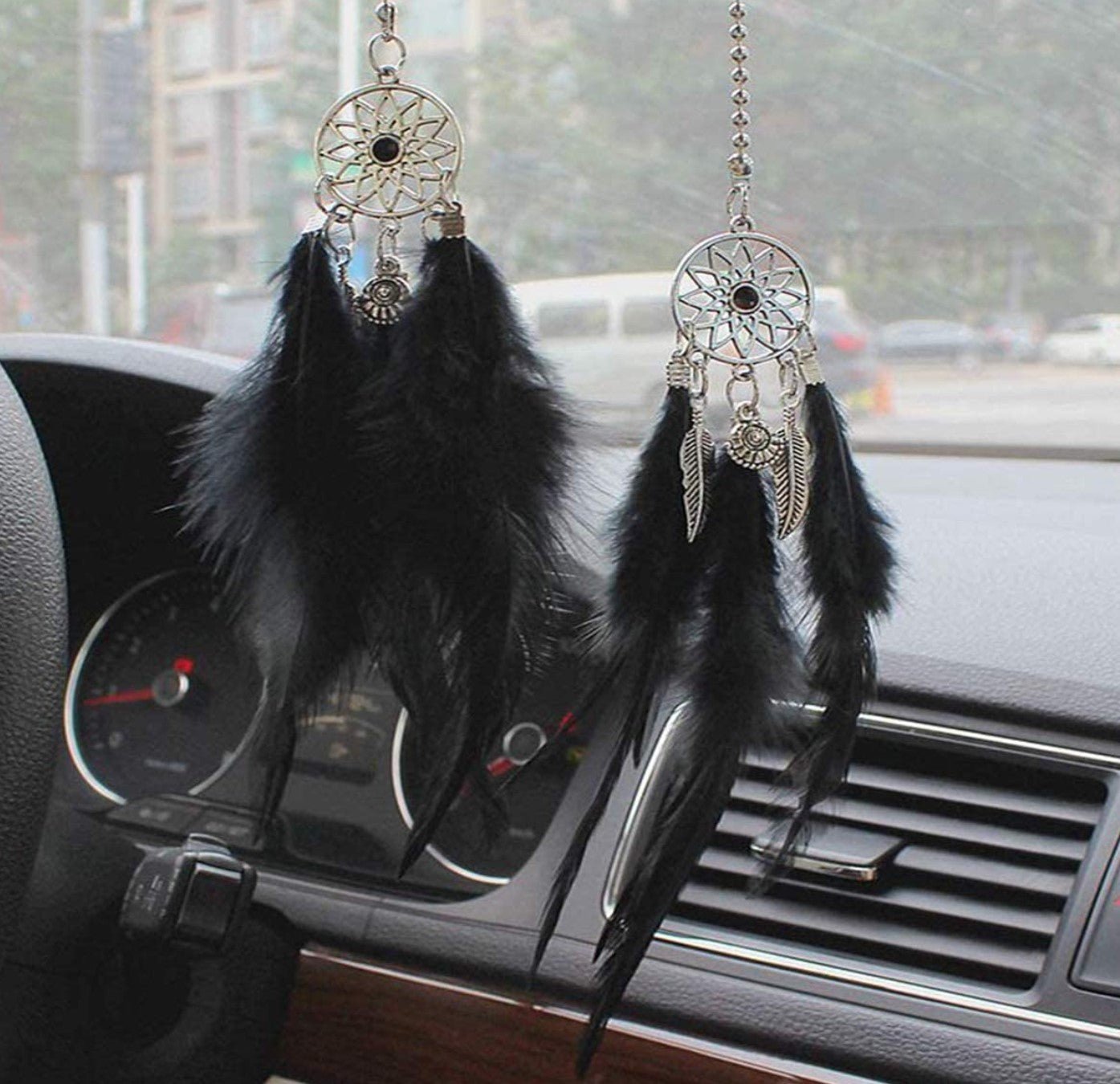 Car Rear View Mirror Hanging Pendant, Feather Dream Catcher Crystal Charm Bling Car Deco Accessories for Women (Black) - Fashion Car Inc