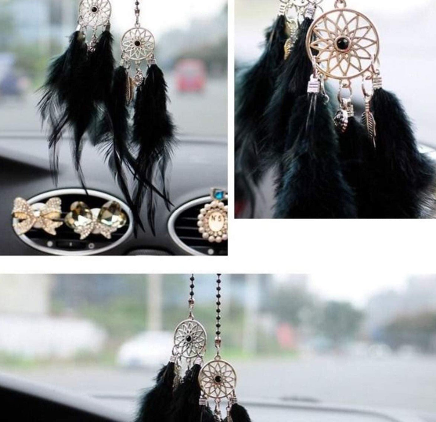 Car Rear View Mirror Hanging Pendant, Feather Dream Catcher Crystal Charm Bling Car Deco Accessories for Women (Black) - Fashion Car Inc