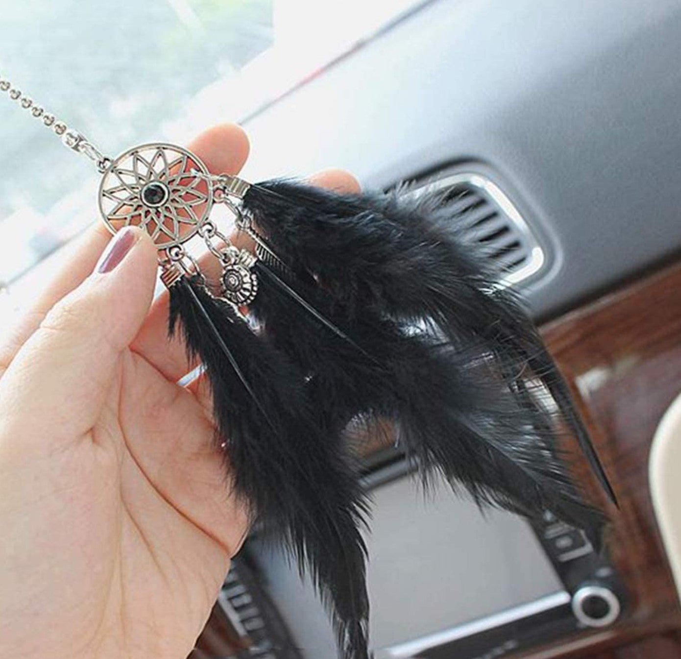 Car Rear View Mirror Hanging Pendant, Feather Dream Catcher Crystal Charm Bling Car Deco Accessories for Women (Black) - Fashion Car Inc
