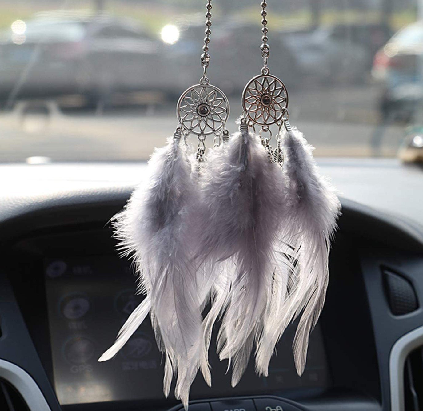 Car Rear View Mirror Hanging Pendant, Feather Dream Catcher Crystal Charm Bling Car Deco Accessories for Women (Grey) - Fashion Car Inc