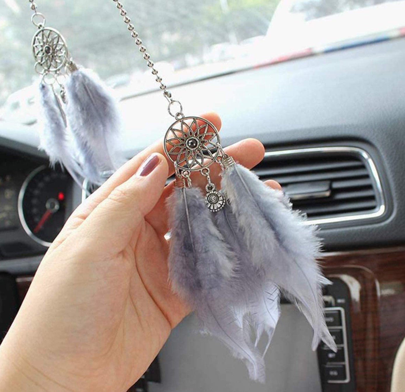 Car Rear View Mirror Hanging Pendant, Feather Dream Catcher Crystal Charm Bling Car Deco Accessories for Women (Grey) - Fashion Car Inc