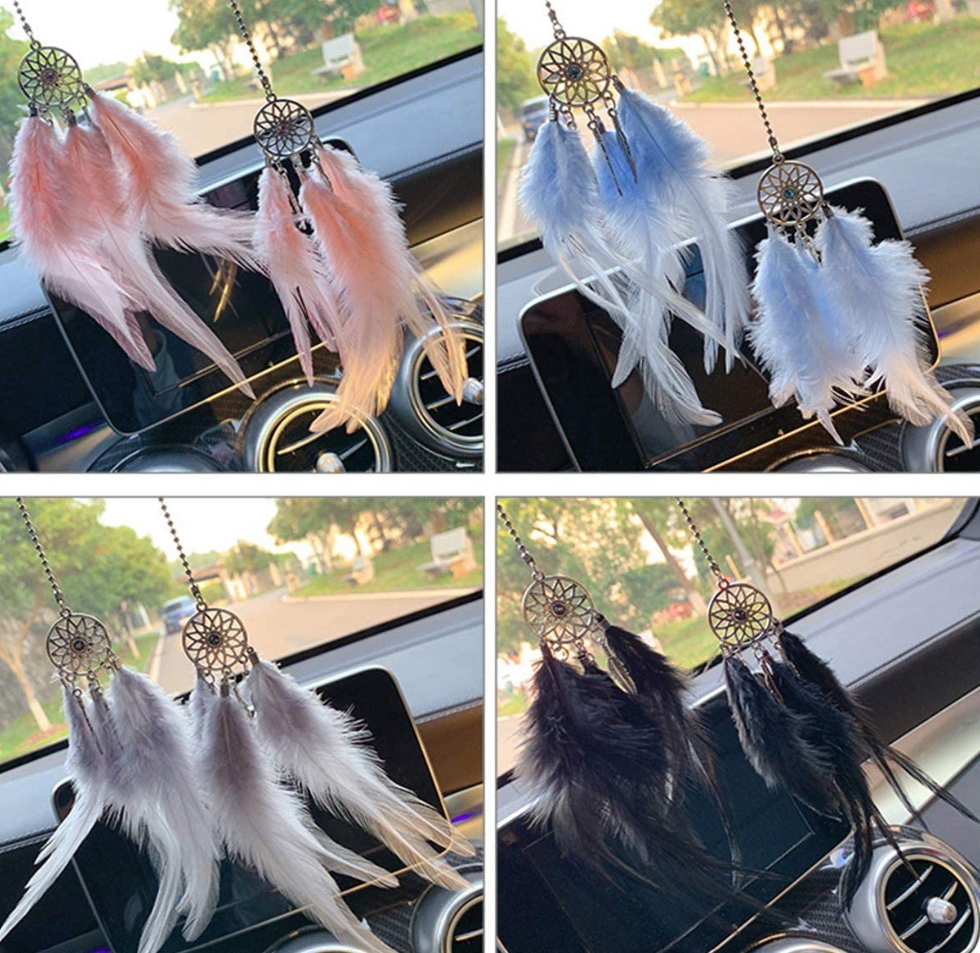Car Rear View Mirror Hanging Pendant, Feather Dream Catcher Crystal Charm Bling Car Deco Accessories for Women (Grey) - Fashion Car Inc