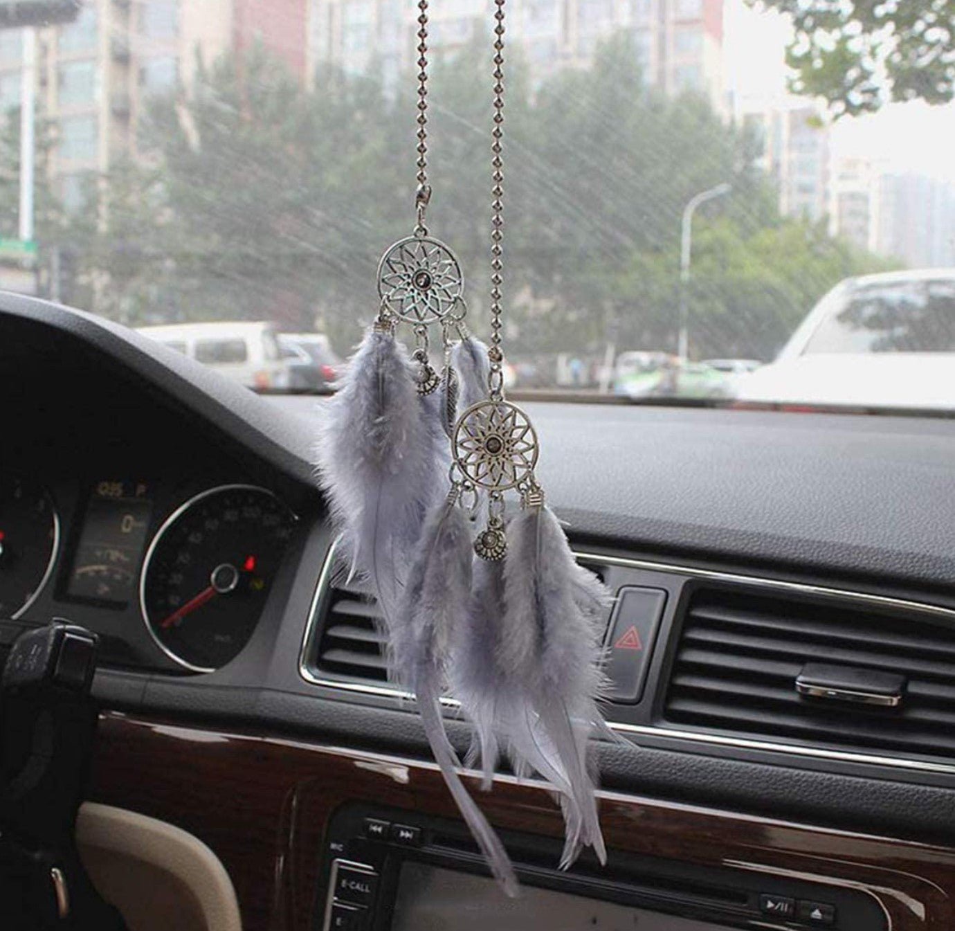 Car Rear View Mirror Hanging Pendant, Feather Dream Catcher Crystal Charm Bling Car Deco Accessories for Women (Grey) - Fashion Car Inc