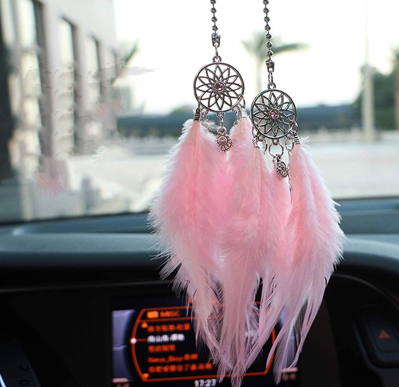Car Rear View Mirror Hanging Pendant, Feather Dream Catcher Crystal Charm Bling Car Deco Accessories for Women (Pink) - Fashion Car Inc