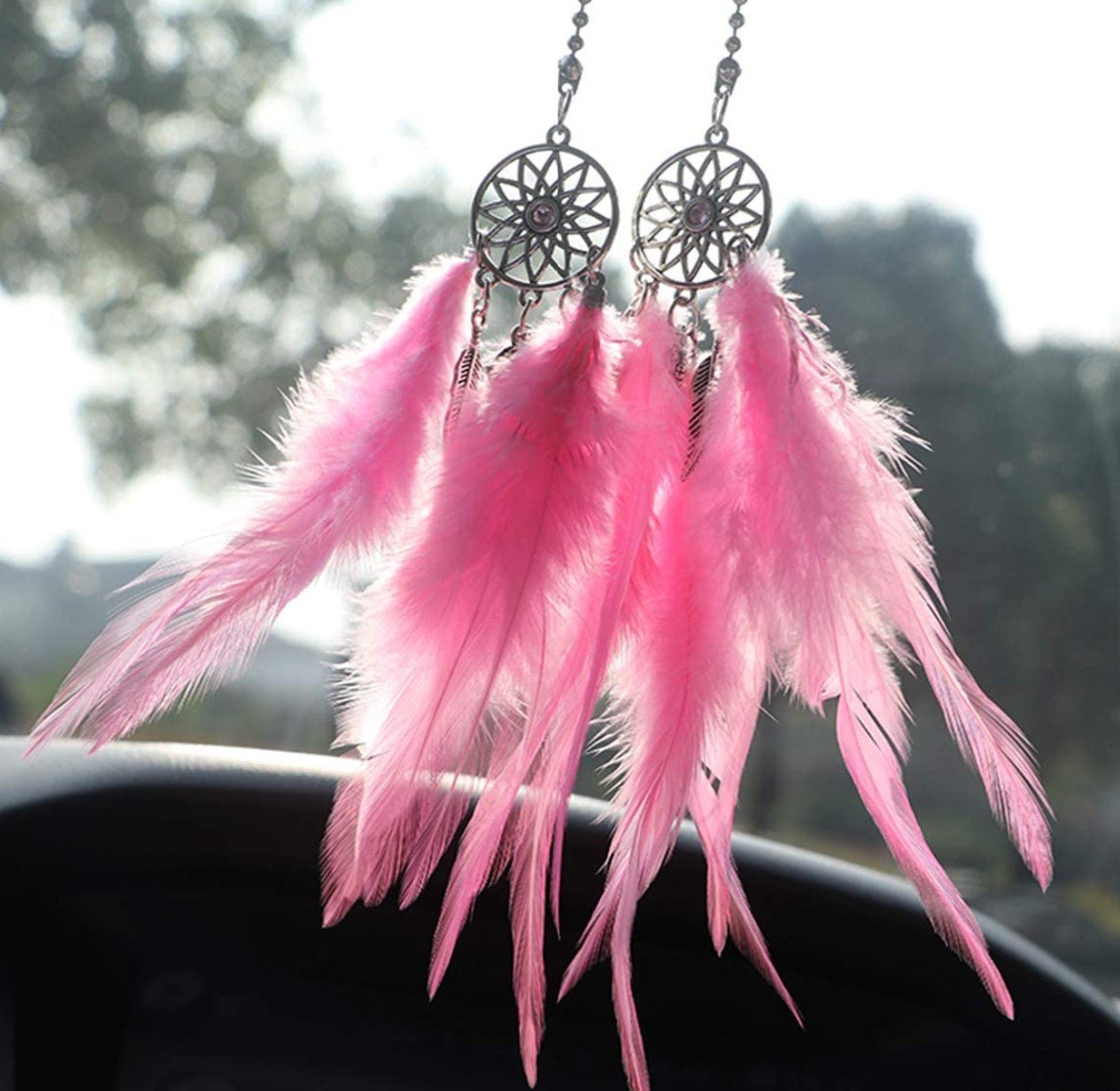 Car Rear View Mirror Hanging Pendant, Feather Dream Catcher Crystal Charm Bling Car Deco Accessories for Women (Pink) - Fashion Car Inc