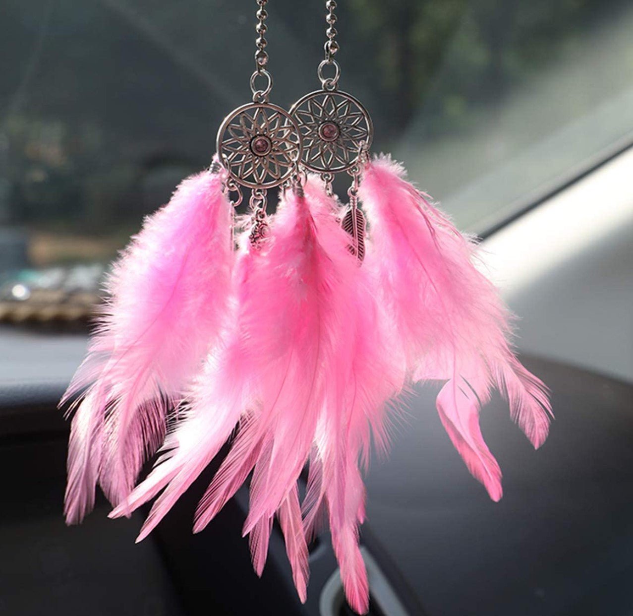 Car Rear View Mirror Hanging Pendant, Feather Dream Catcher Crystal Charm Bling Car Deco Accessories for Women (Pink) - Fashion Car Inc