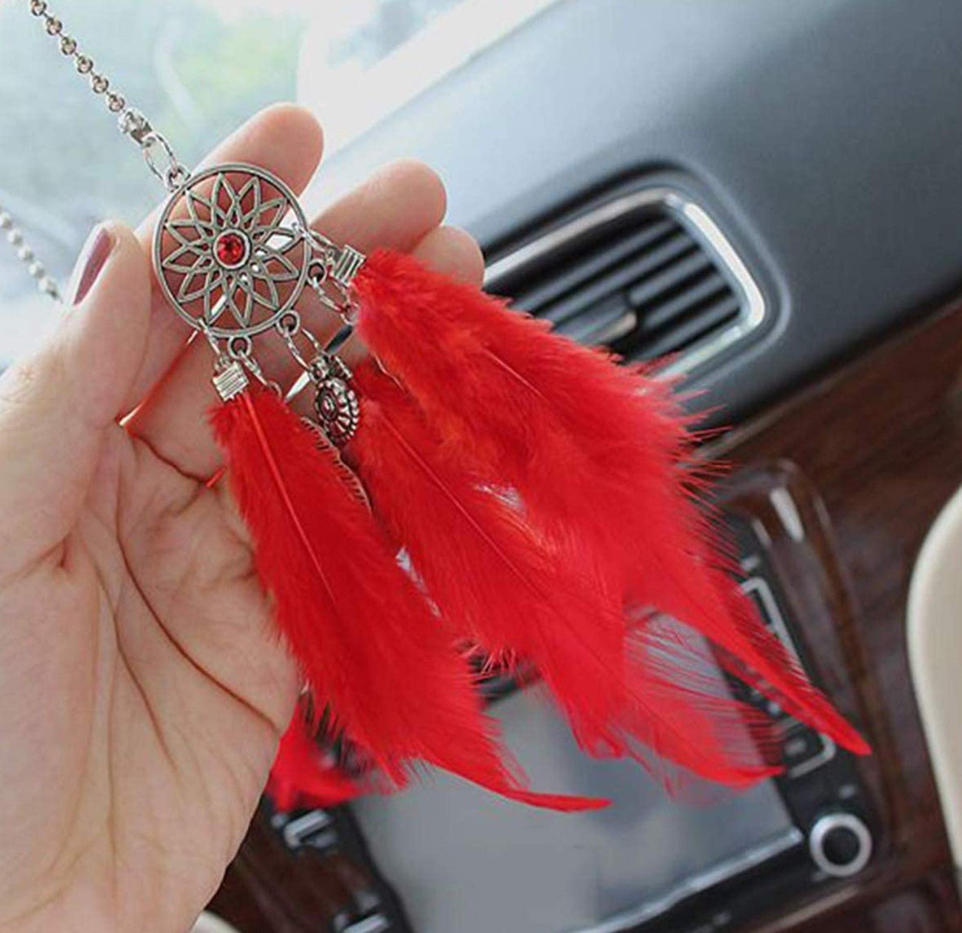 Car Rear View Mirror Hanging Pendant, Feather Dream Catcher Crystal Charm Bling Car Deco Accessories for Women (Red) - Fashion Car Inc