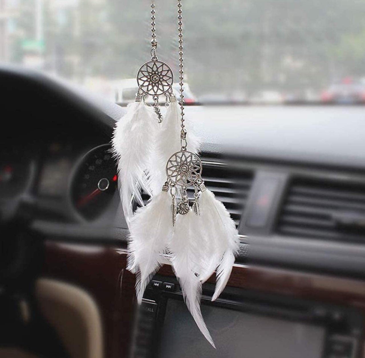 Car Rear View Mirror Hanging Pendant, Feather Dream Catcher Crystal Charm Bling Car Deco Accessories for Women (White) - Fashion Car Inc