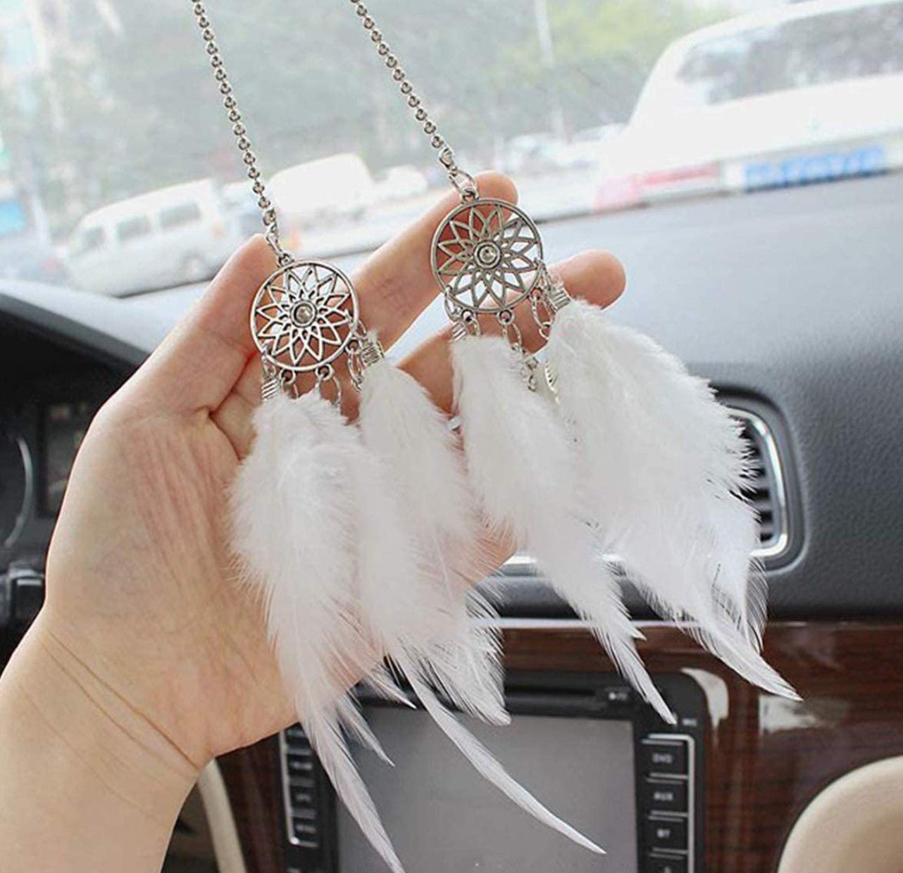 Car Rear View Mirror Hanging Pendant, Feather Dream Catcher Crystal Charm Bling Car Deco Accessories for Women (White) - Fashion Car Inc