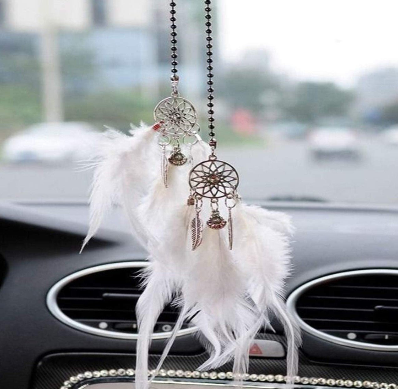 Car Rear View Mirror Hanging Pendant, Feather Dream Catcher Crystal Charm Bling Car Deco Accessories for Women (White) - Fashion Car Inc