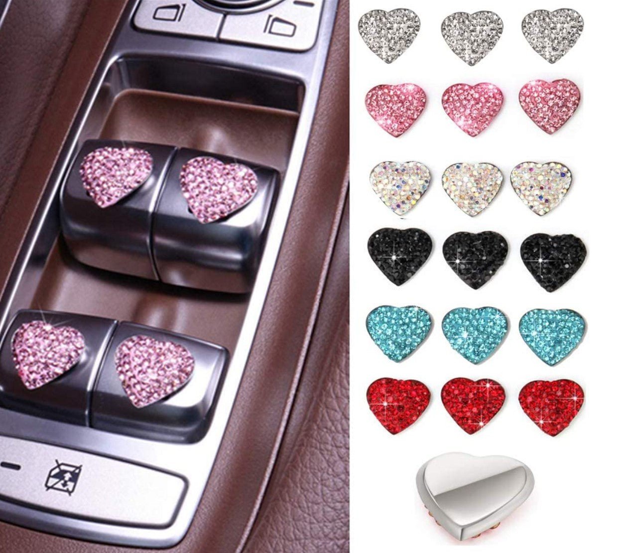 Car Rhinestone Stickers,MoreChioce 6PCS Car Interior Decor Stickers Bling Crystal Heart Shape Self-Adhesive Car Styling Accessories Window Switch Decoration Sticker,Black - Fashion Car Inc