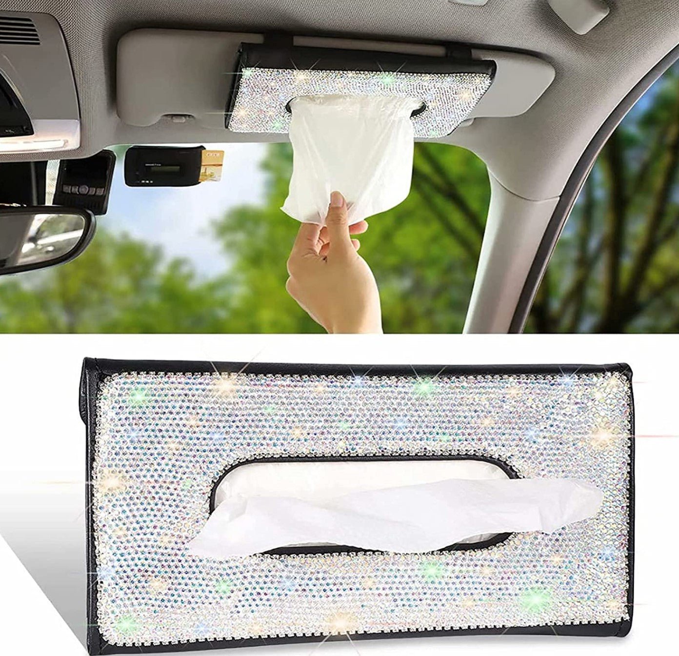 Car Tissue Box Sun Visor Tissue Holder Leather Tissue Storage Rack,Hanging Car Tissue Holder Car Decor Interior Accessories Best Gift for Men Women(with Bling Crystal Diamond) - Fashion Car Inc