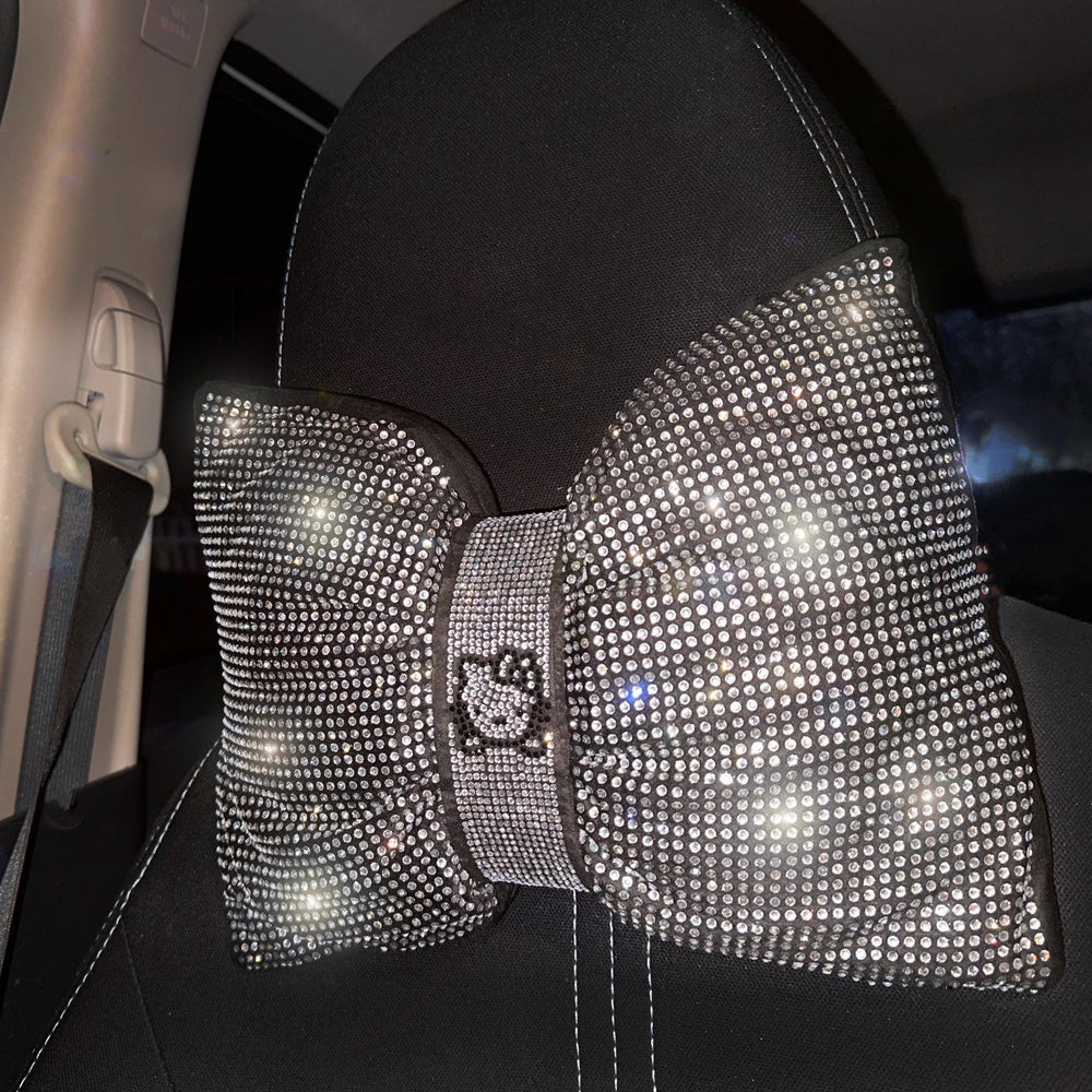 Cat (2 Pack) Ultra Bling Car Pillow Bowknot Headrest (Silver) - Fashion Car Inc