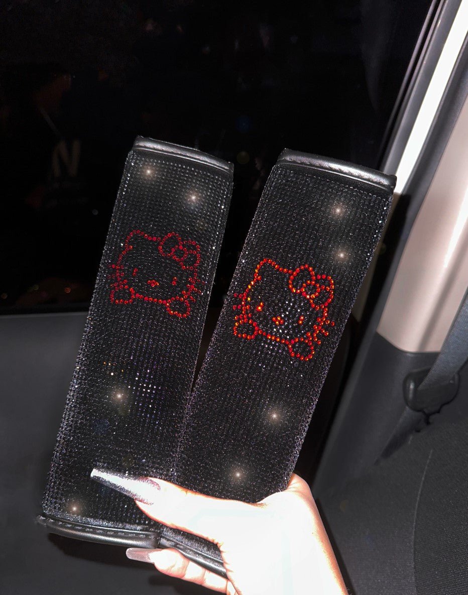 Cat Ultra Bling Seat Belts 2Pack Bling Seat Belt Cover for Women, Soft Velvet & Diamonds Design Glitter Rhinestone Car Seat Belt Strap Cover Shoulder Pad (Black) - Fashion Car Inc