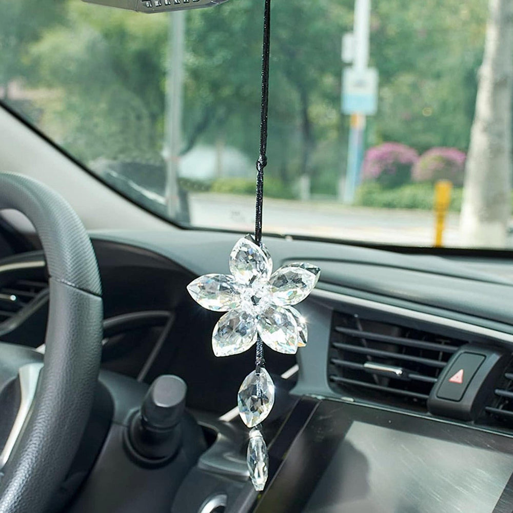 Crystal Flower Car Rear View Mirror Pendant Car Hanging Ornament Lucky Car Accessories (Transparent) - Fashion Car Inc