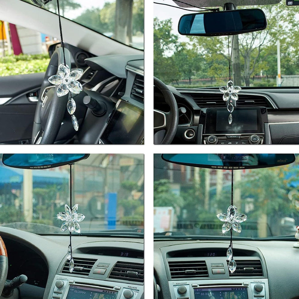 Crystal Flower Car Rear View Mirror Pendant Car Hanging Ornament Lucky Car Accessories (Transparent) - Fashion Car Inc