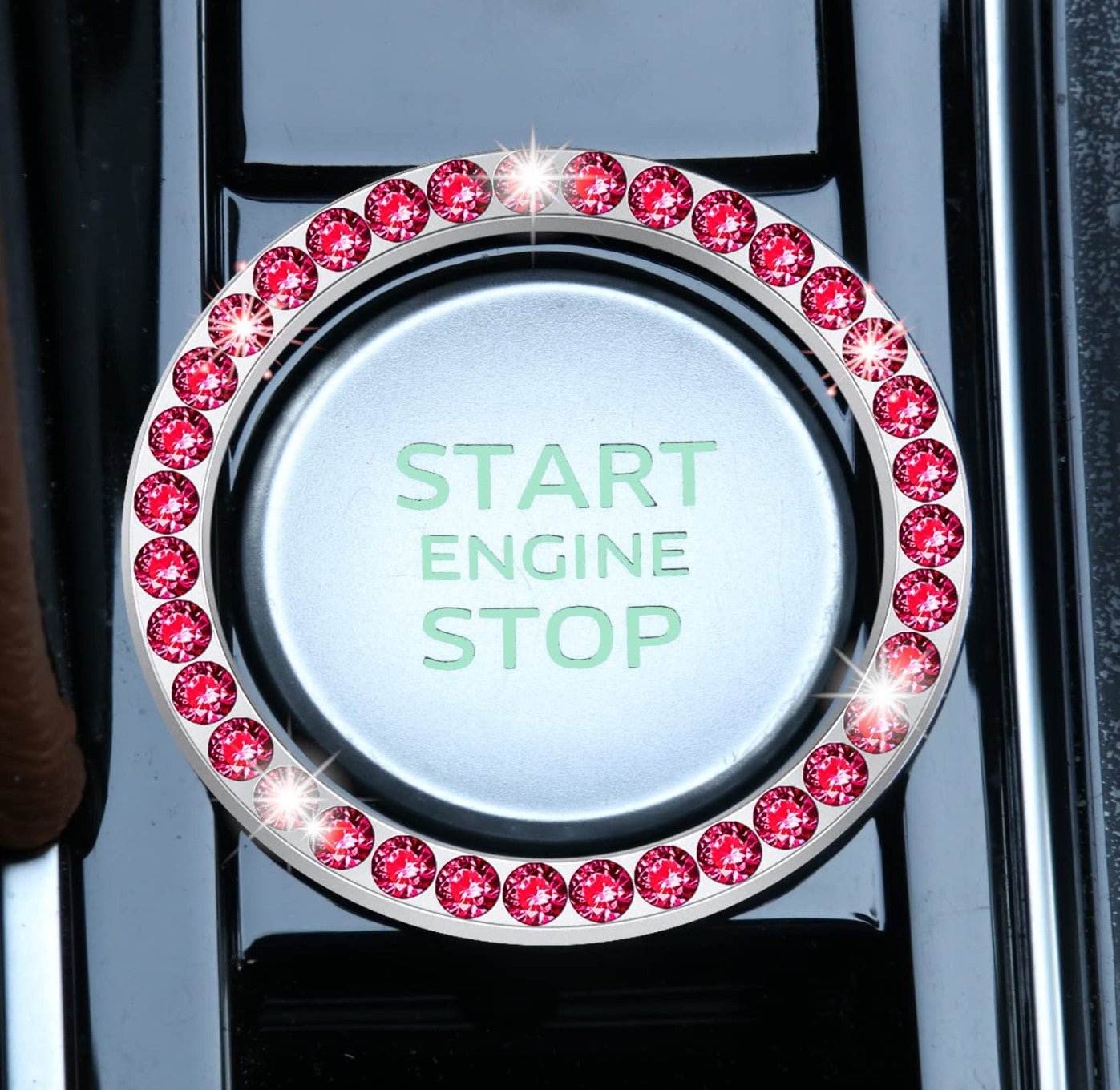 Crystal Rhinestone Ring Emblem Sticker, Car Interior Decoration, , Push to Start Button, Key Ignition Starter & Knob Ring Red - Fashion Car Inc