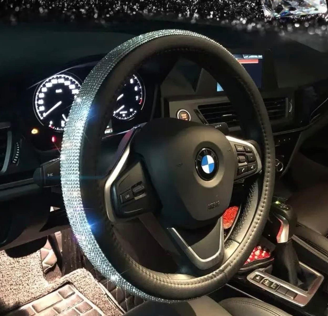 Diamond Leather Steering Wheel Cover with Bling Bling Crystal Rhinestones, Universal Fit 15 Inch Car Wheel Protector for Women , Silver - Fashion Car Inc