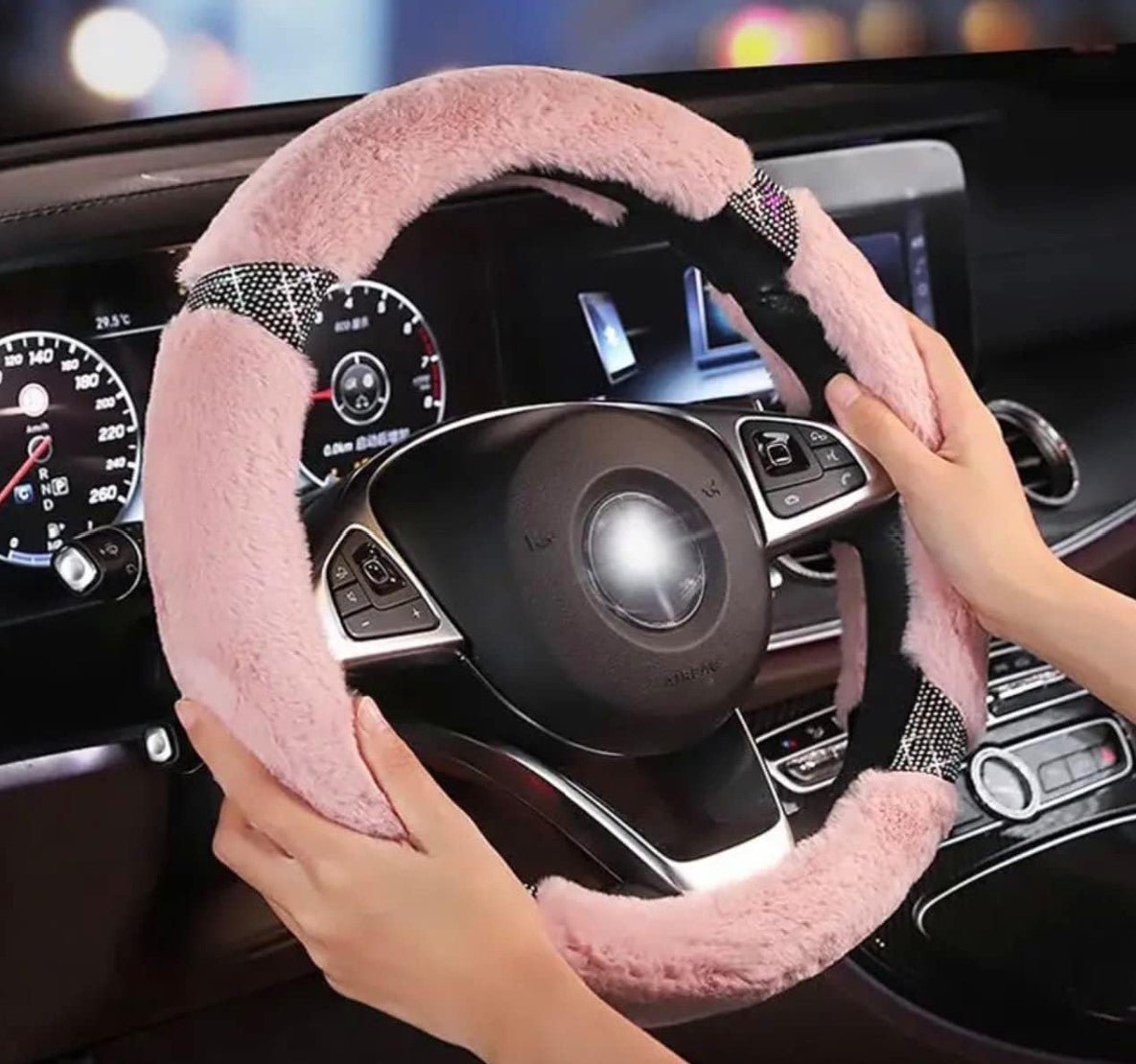 Diamond Short Fluffy Microfiber Plush Steering Wheel Cover with Bling Bling Crystal Rhinestones for Winter Warm, Universal 15 inch Anti-Slip (Pink) - Fashion Car Inc