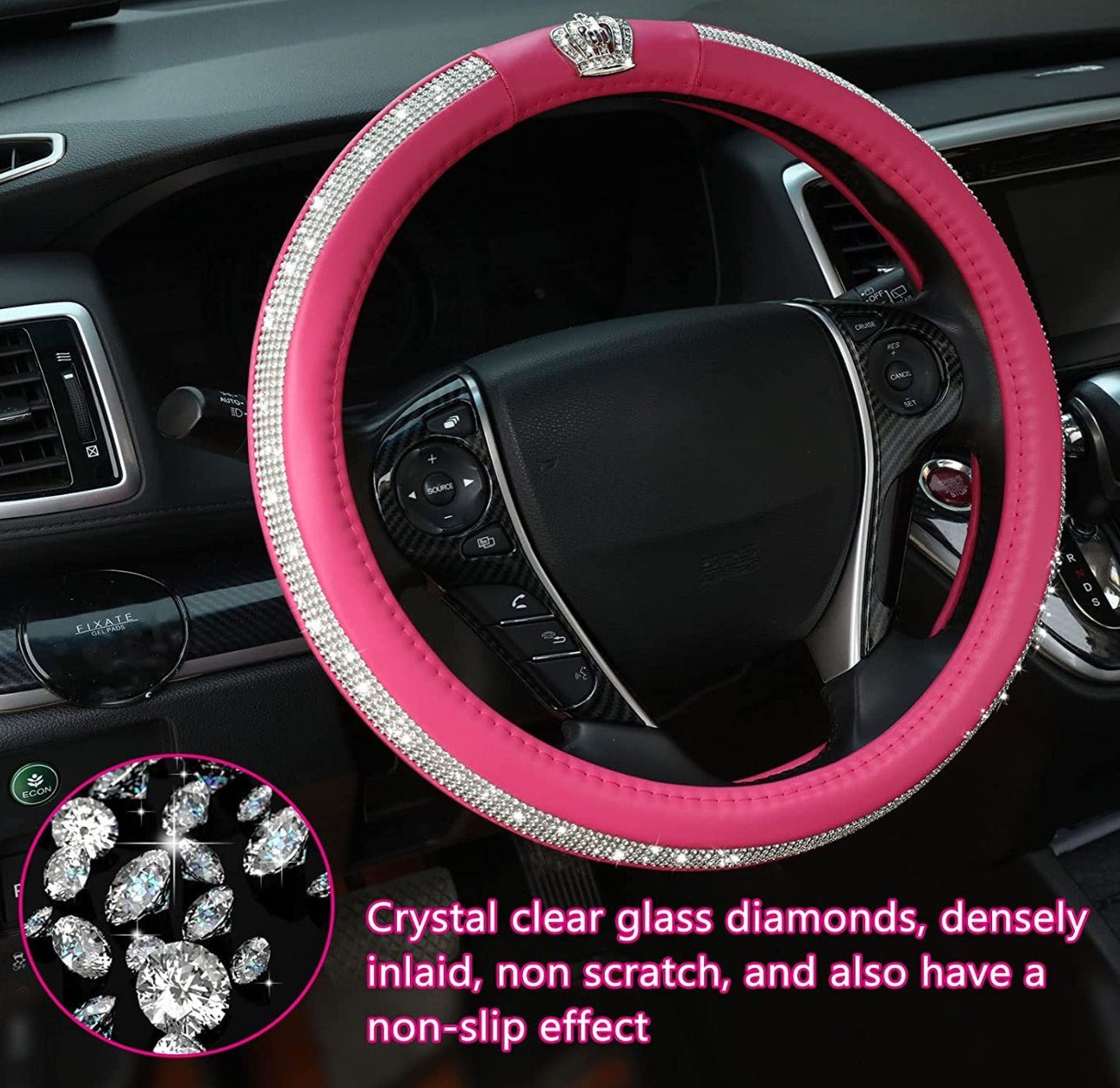 Diamond Steering Wheel Cover with Bling Bling Crystal Rhinestones-Leather Fashion Steering Wheel Covers for Women, Universal 15 Inch Car Steering Wheel Cover for Vehicle, Sedan, SUV (Pink) - Fashion Car Inc