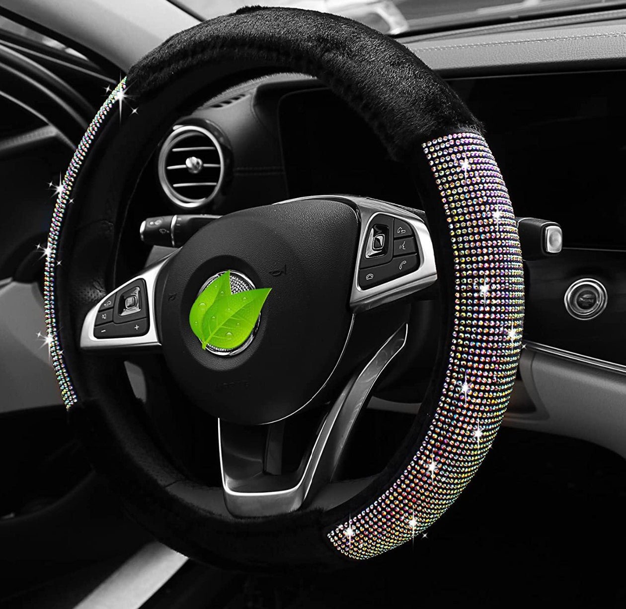Fluffy Steering Wheel Cover for Men, Universal 15 Inch Bling Car Steering Wheel Cover, Soft Luxurious Faux Wool with Non-Slip Rhinestone Car Accessories for Ladies Men (Black & Colorful) - Fashion Car Inc