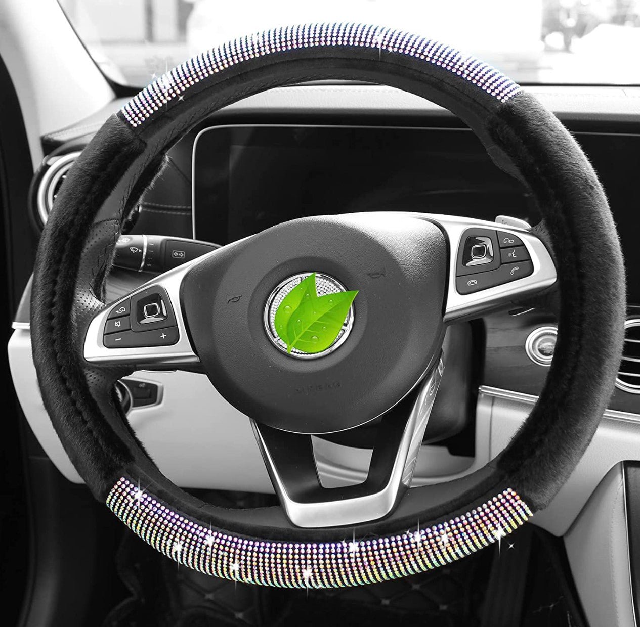 Fluffy Steering Wheel Cover for Men, Universal 15 Inch Bling Car Steering Wheel Cover, Soft Luxurious Faux Wool with Non-Slip Rhinestone Car Accessories for Ladies Men (Black & Colorful) - Fashion Car Inc