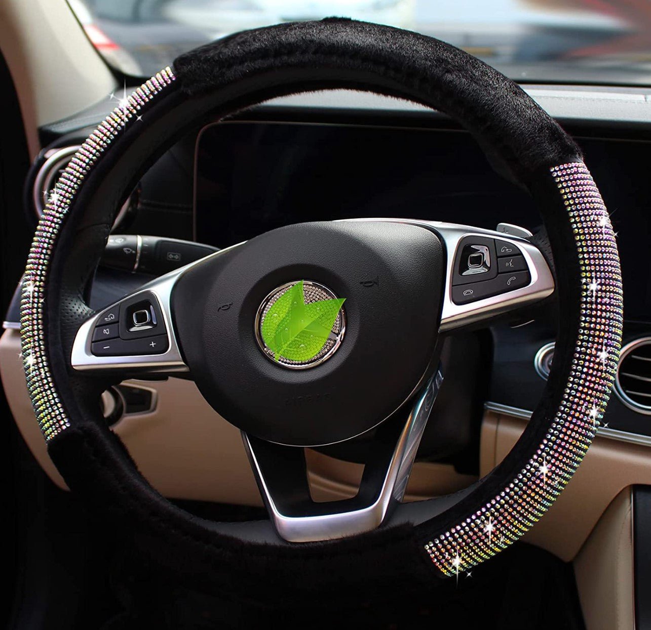 Fluffy Steering Wheel Cover for Men, Universal 15 Inch Bling Car Steering Wheel Cover, Soft Luxurious Faux Wool with Non-Slip Rhinestone Car Accessories for Ladies Men (Black & Colorful) - Fashion Car Inc