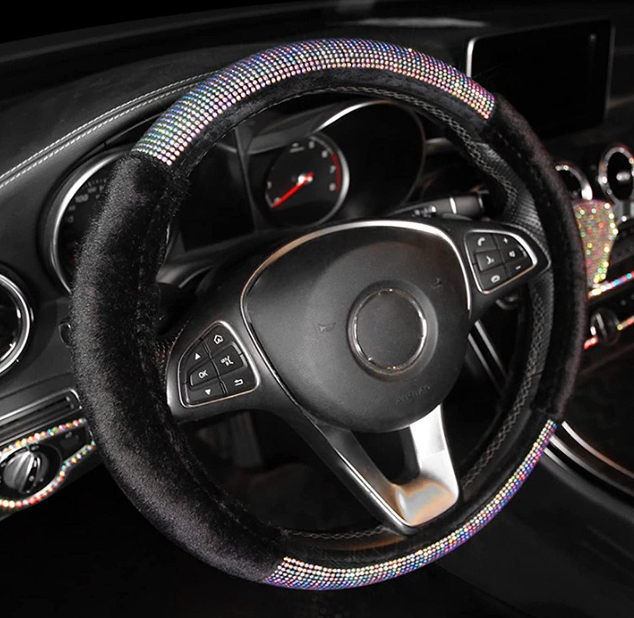 Fluffy Steering Wheel Cover for Men, Universal 15 Inch Bling Car Steering Wheel Cover, Soft Luxurious Faux Wool with Non-Slip Rhinestone Car Accessories for Ladies Men (Black & Colorful) - Fashion Car Inc