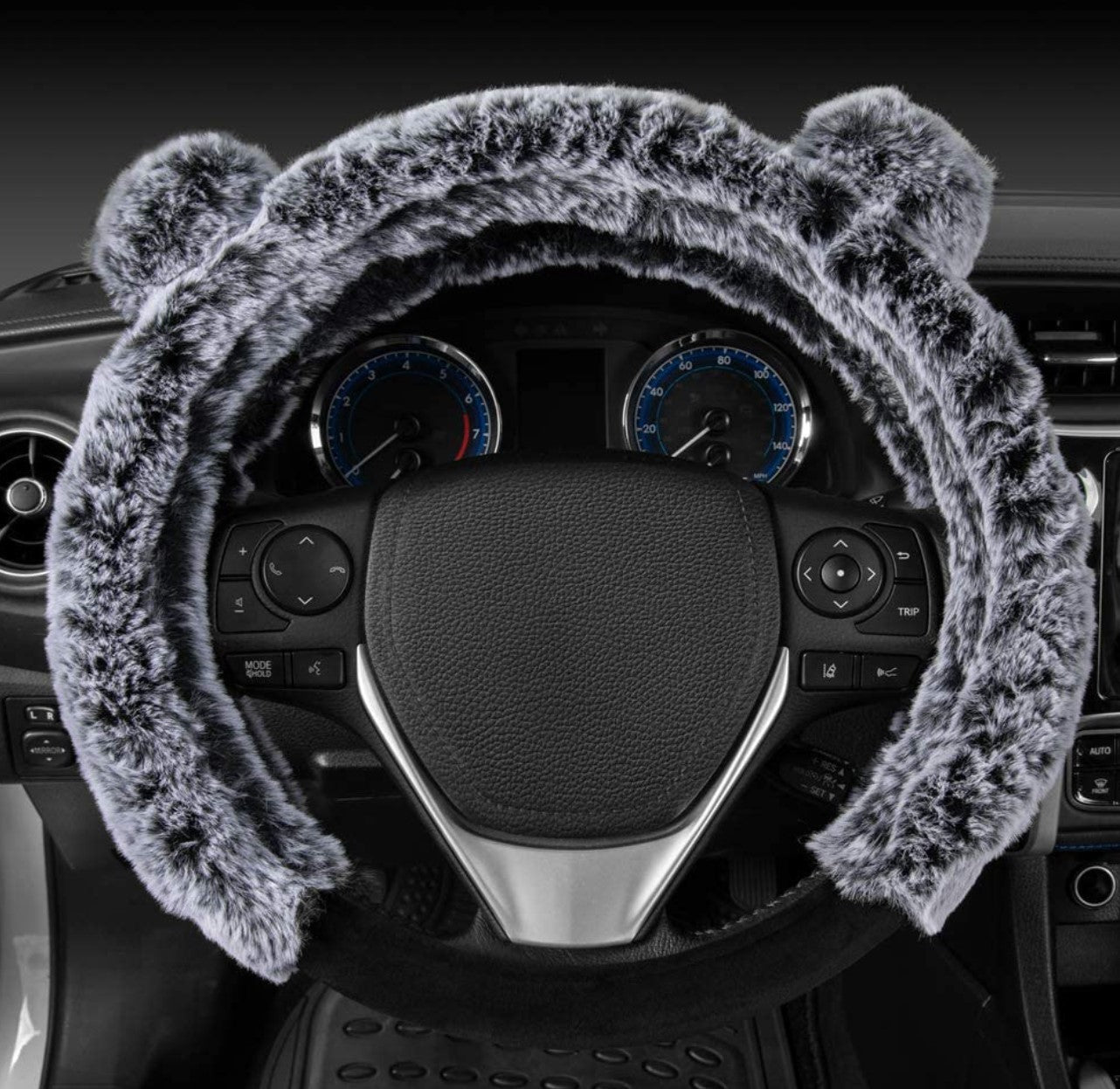 Fur Plush Steering Wheel Cover - Cute Faux Wool Protector for Women Girls Fits Wheels 14.5 - 15 inch Gray - with Ears - Fashion Car Inc