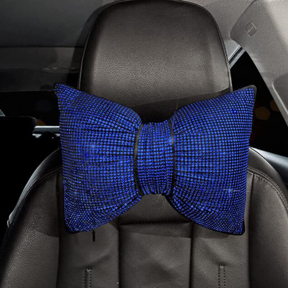 headrest Rhinestone Car Headrest Neck Pillow for Driving with Bling Bling Crystal Bow Pillow Car Accessories for Women Blue - Fashion Car Inc