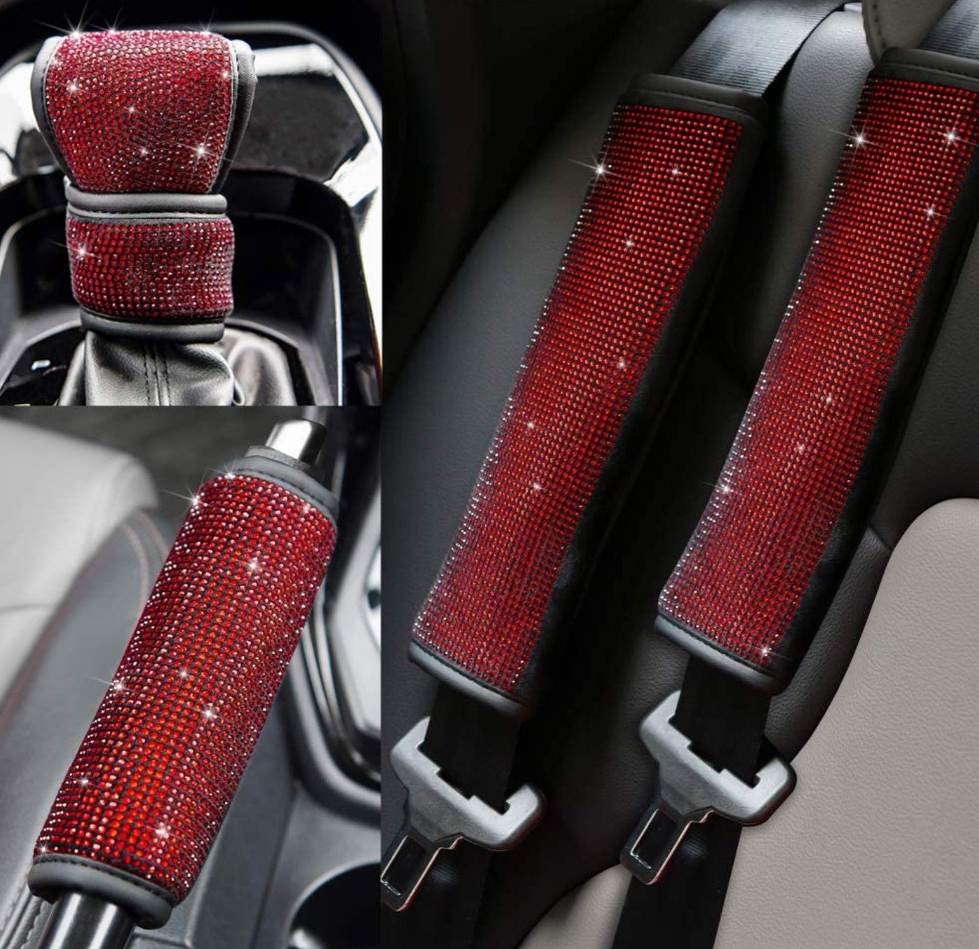 Seat Belt Shoulder Pads with Bling Rhinestones Car Bling Seat Belt Covers for Women, Crystal Handbrake Cover, Bling Ring Set 4 Pack Set Universal - Fashion Car Inc