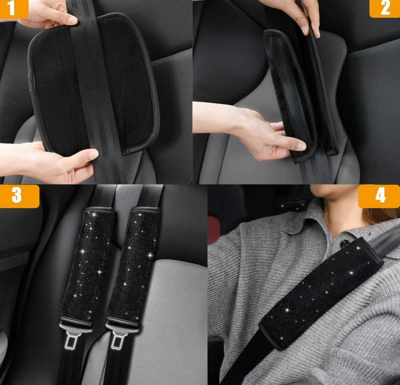 Seat Belt Shoulder Pads with Bling Rhinestones Car Bling Seat Belt Covers for Women, Crystal Handbrake Cover, Bling Ring Set 4 Pack Set Universal - Fashion Car Inc