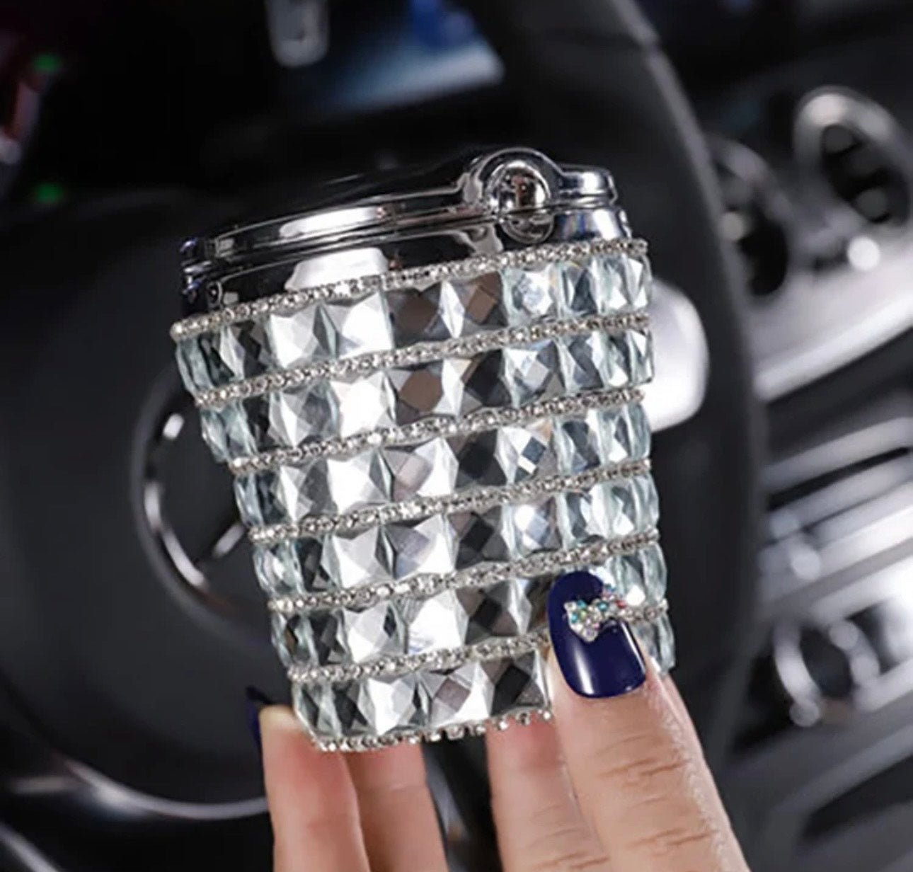 Smell Proof Crystal Diamond Car Ashtray with Lid Blue Led Light Bling ...