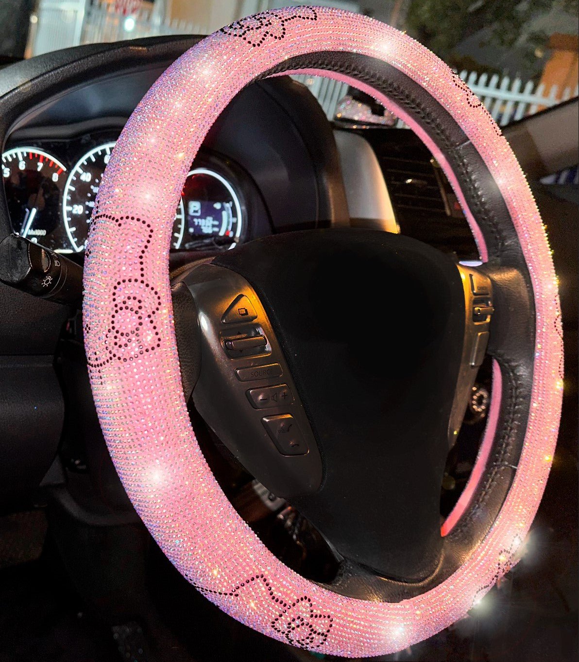 Full Car Leather Bling Diamond Seat Covers Full Seats, Waterproof Heavy-Duty Anti-Slip, Universal Car, Truck, Glitter Sparkle (Pink Rhinestone Leather)